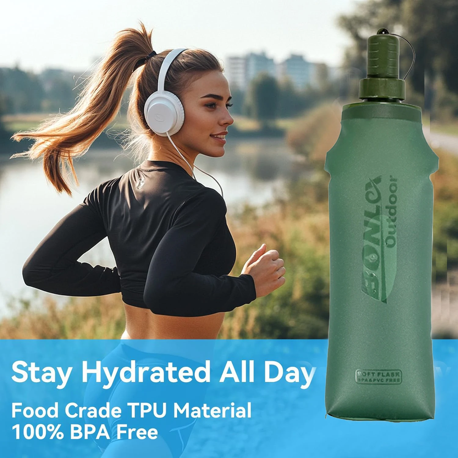 دورق ناعم قابل للطي من مادة TPU مع قطعة فم من السيليكون، خالٍ من مادة BPA، للأنشطة الخارجية والمشي لمسافات طويلة والسفر