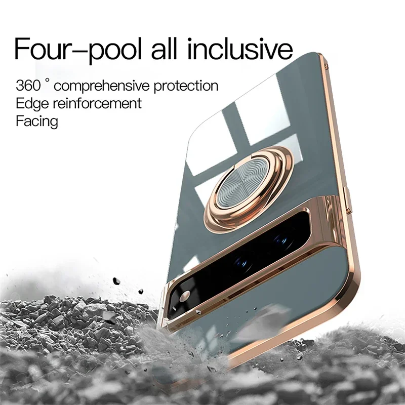 Luxury Plating Silicone Shockproof Phone Case for Google Pixel 10 9 Pro XL 9A 8 7 6 A Metal Ring Magnetic Holder Soft Back Cover
