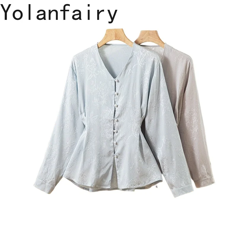 

YOLANFAIRY Fashion 93% Real Mulberry Silk Shirt for Women V-neck Elegant Blouses Long Sleeve Tops Waisted Jacquard Shirts Blouse