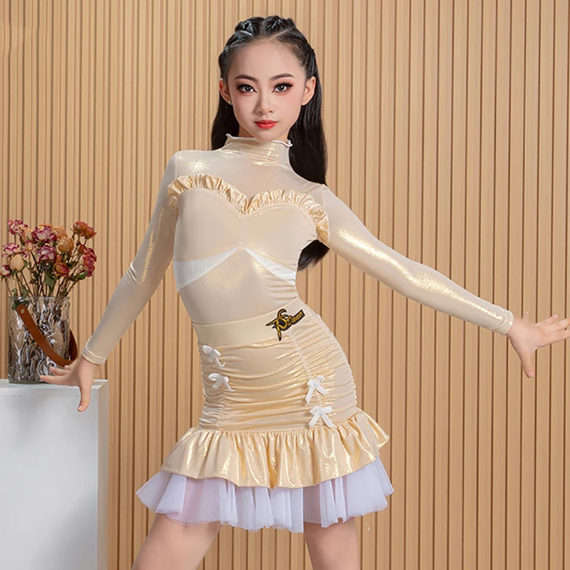 Kids Girls Latin Dance Long Sleeve Hot Stamping Bodysuit and Chiffon Fold Skirt Set Practice Dancewear Competition Costume