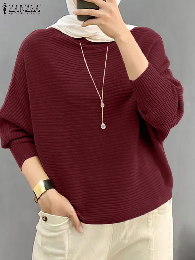 ZANZEA Fashion Women Autumn O Neck Long Sleeve Tops Solid Knitted Shirt Casual Ribbed Blouse Muslim Blouses Pullover Mujer Femme