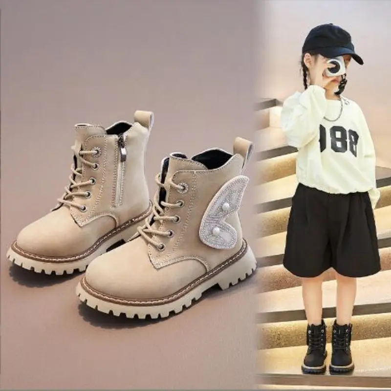 Girls' British short boots internet famous children's boots Autumn Winter princess fashion butterfly wings stylish single boots