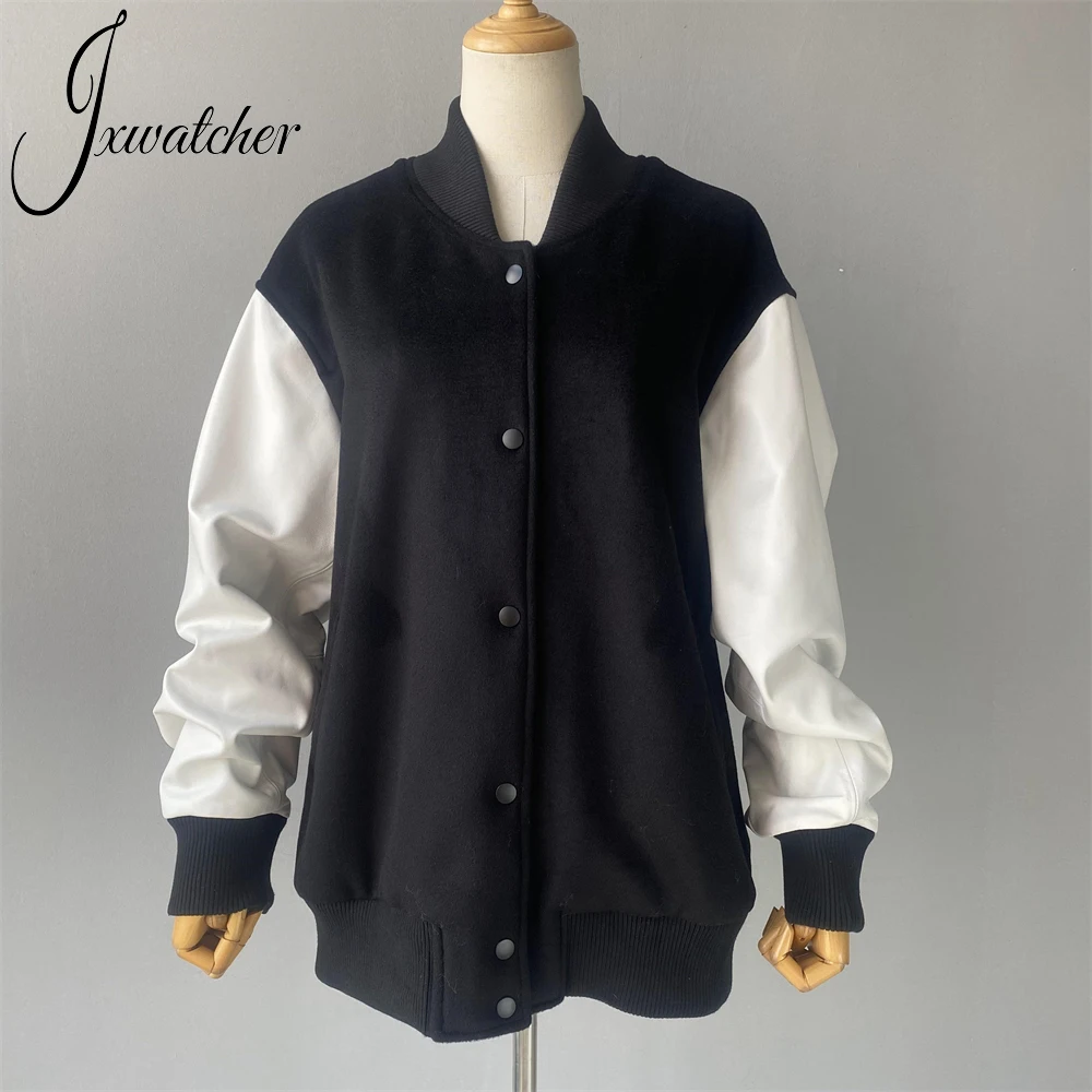 Jxwatcher Cashmere Bomber Jacket With Real Leather Sleeves Unisex Hip Hop Streetwear Spring Wool Coat Sheepskin Baseball Outwear