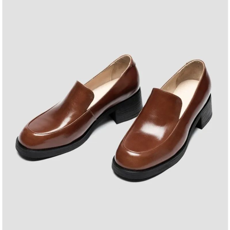 Designer Luxury Slip on Genuine Leather Loafers Men's Leather Shoes Casual Formal Brown Round Toe High Heels Male Shoes