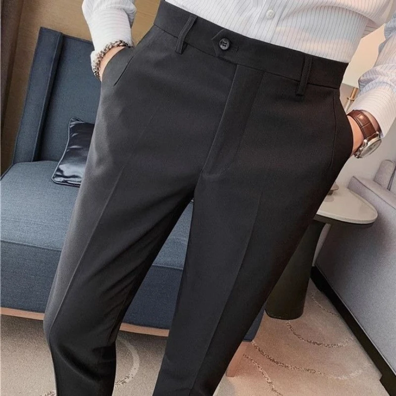 Men's Ankle Length Dress Pants Slim Fit Draped Business Casual Trousers Wrinkle Free Formal Straight Leg Pants