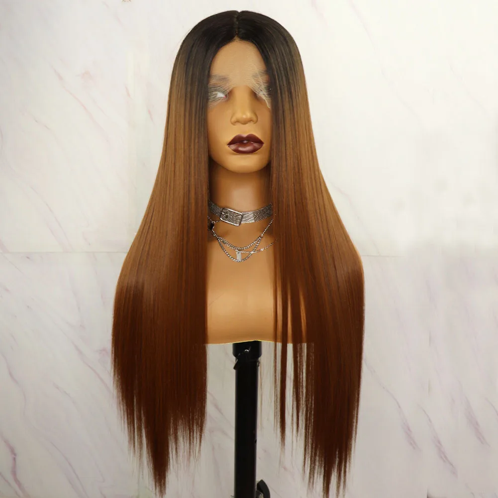 

Long Ombre Blonde Silky Straight Lace Front Wig 26Inch 180%Density For Black Women With Baby Hair Glueless Synthetic Preplucked