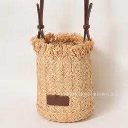 Summer Straw Shoulder Bags Drawstring Women's Straw Bucket Bag Purse Raffia Woven Straw Handbags Casual Tote Beach Crossbody Bag