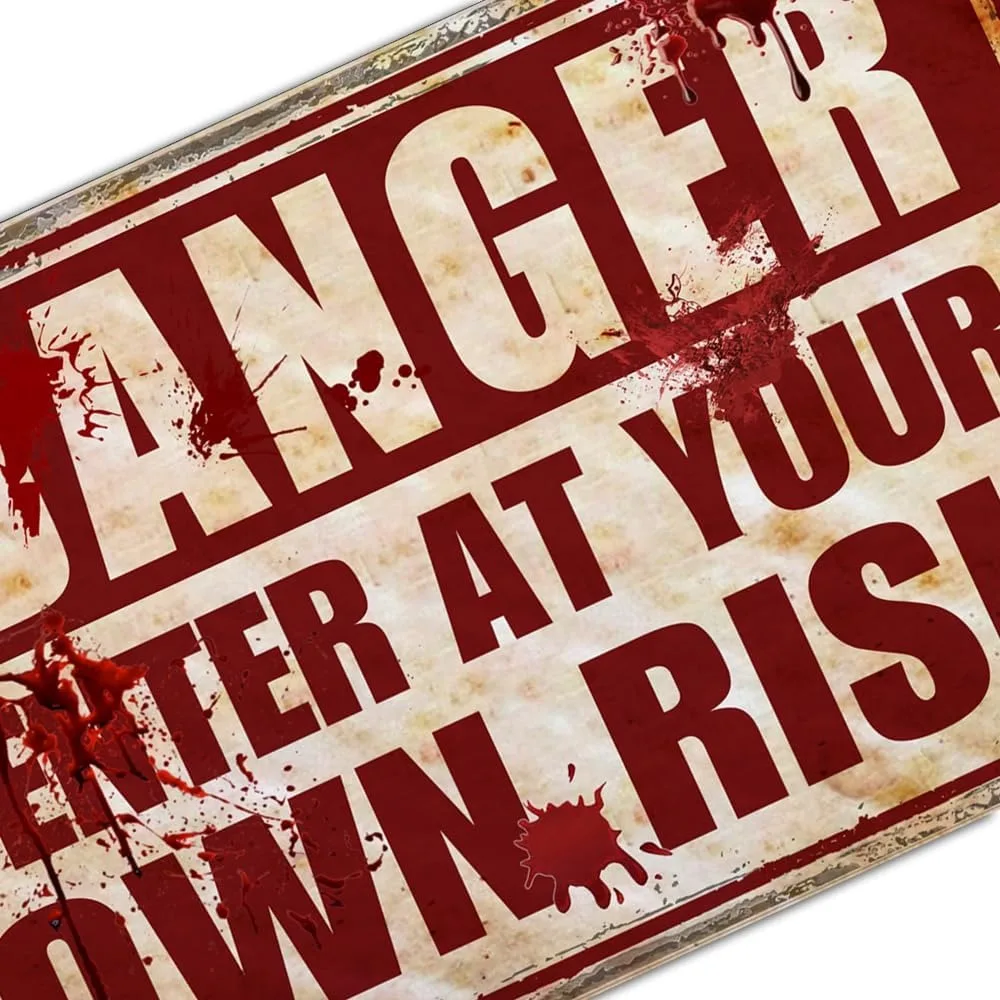 زينة الهالوين في الهواء الطلق علامة معدنية مخيفة علامات رعب دموية للهالوين للحفلات أدخل في خطرك الخاص مقاس 12 × 8 بوصة