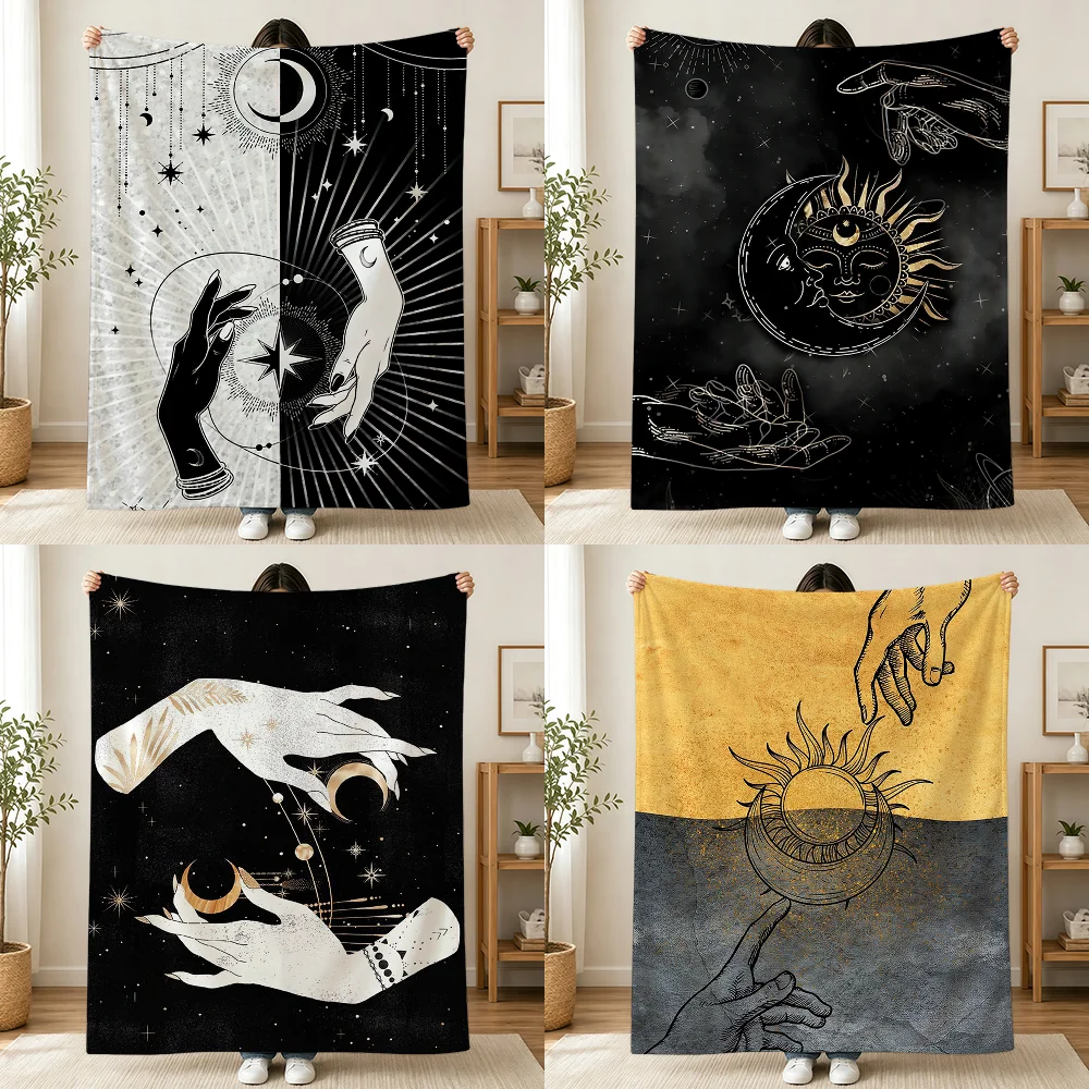 Celestial Hands Print Sun Moon Blanket Printed Flannel Soft Warm Cozy Season Nap Bed Sofa Travel Camping Gift Adults Kids