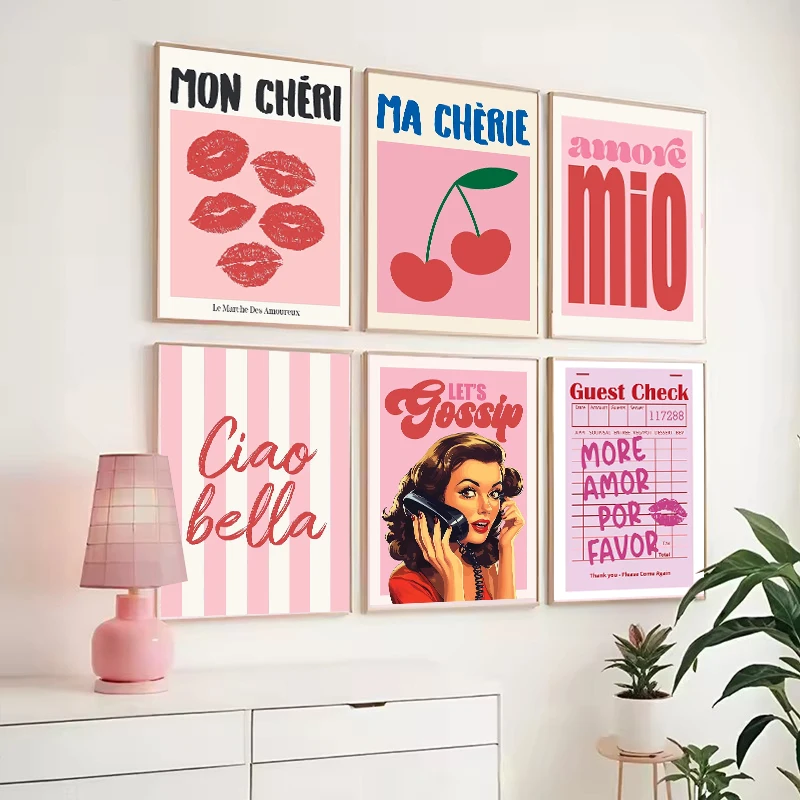 Ciao Bella Cherry Disco Ball Poster Print, Trendy Pink Wall Art Guest Check Girl You Look Good Canvas Painting Home Room Deco