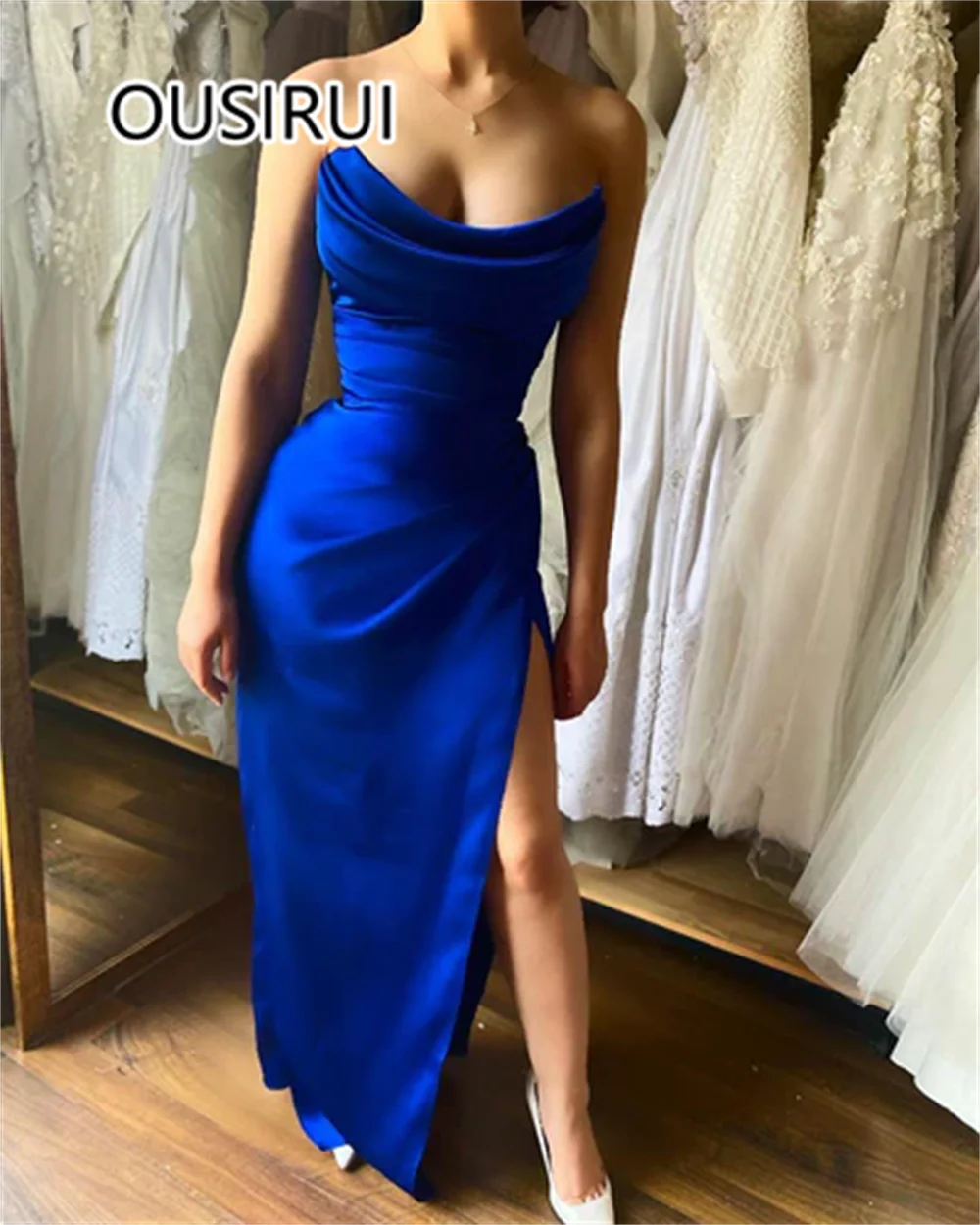 Simple Strapless Satin Pleated Evening Dress Sexy Sheath Side High Slit Long Backless Evening Bridesmaid Gown Custom Vestidos De
