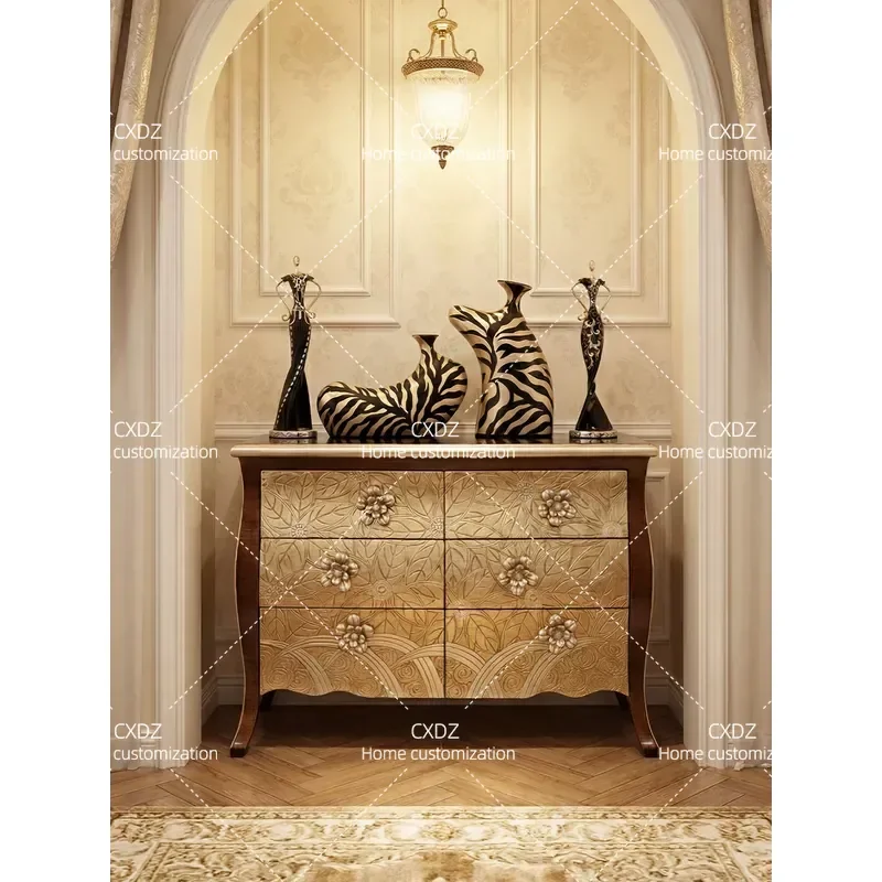 Light Luxury Bay Window Storage Cabinet Retro Carved Entrance Console Bedroom Side Table Neoclassical Six Drawer Chest for