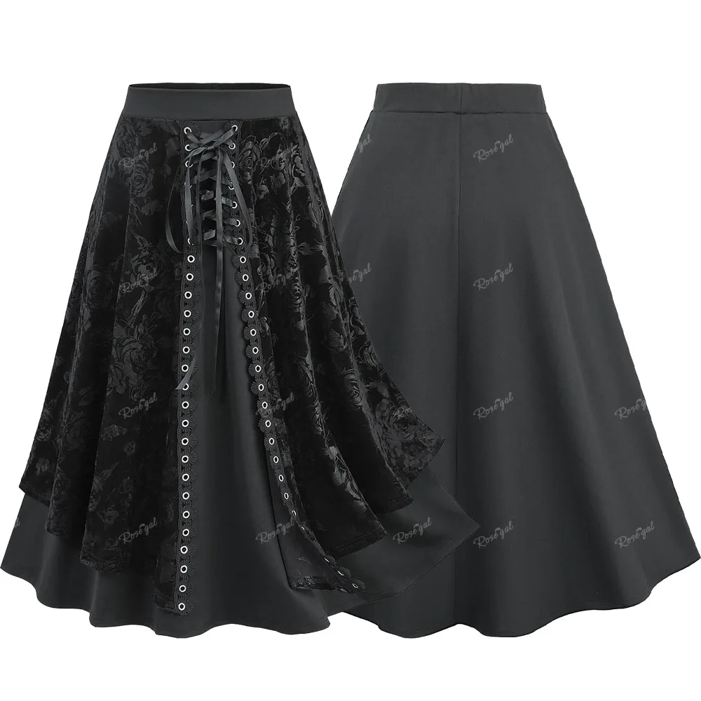 

ROSEGAL Plus Size Women Skirt Black Flower Embossed Lace Up Grommet Trim Layered A Line Skirt All Seasons Can Wear Midi Skirts