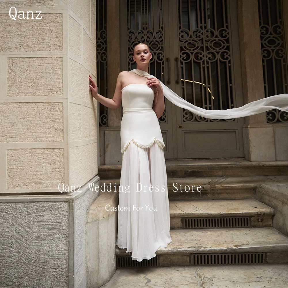 

Qanz Ivory Chiffon Wedding Dresses Strapless Pearls Robe De Mariée Floor Length Vestidos Femininos Tendência 2025 Customized