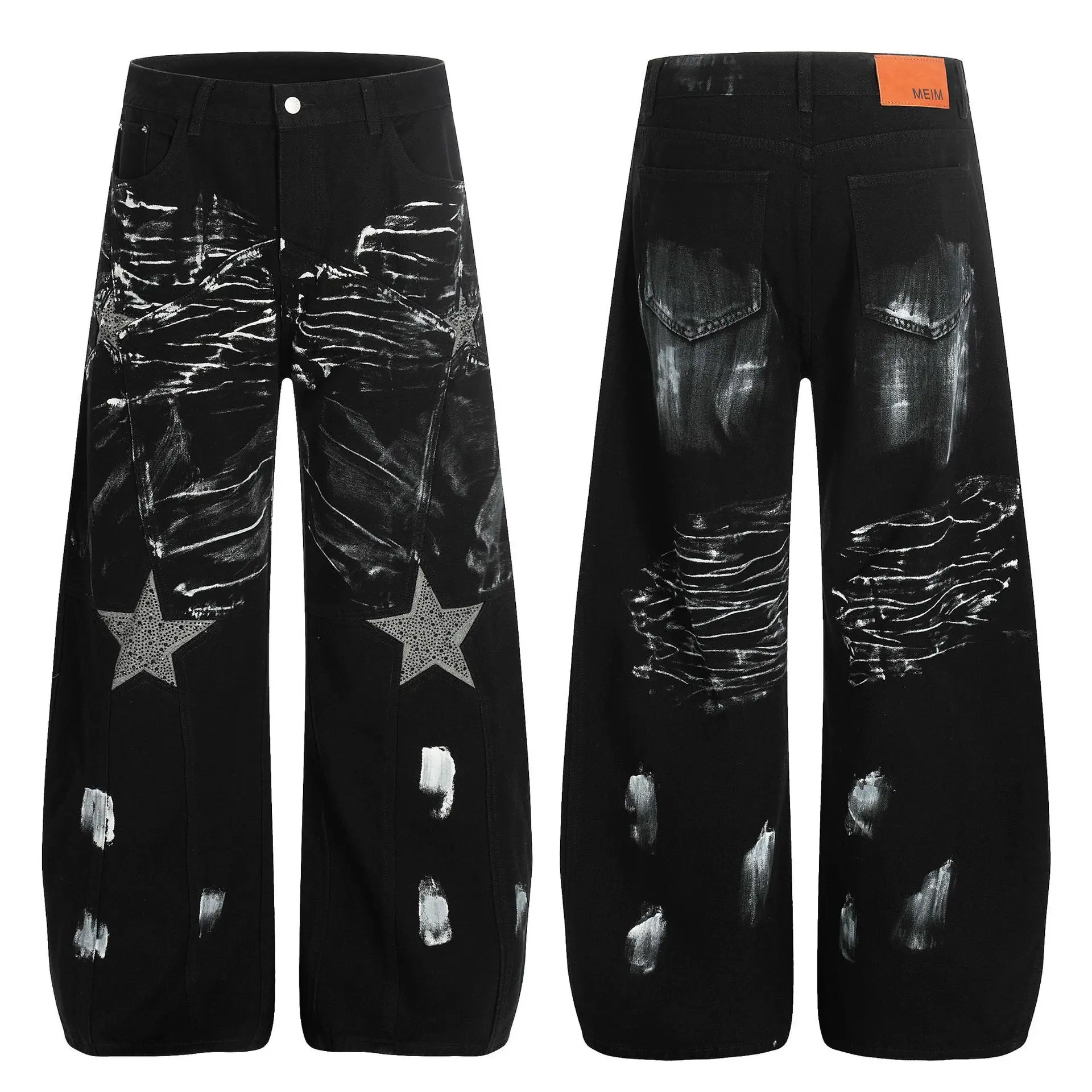 

Men's Denim Pants Star Washing Jeans Graffiti Contrast Color Diamond Decoration Wide Leg Trousers Male Curved Knife Trousers