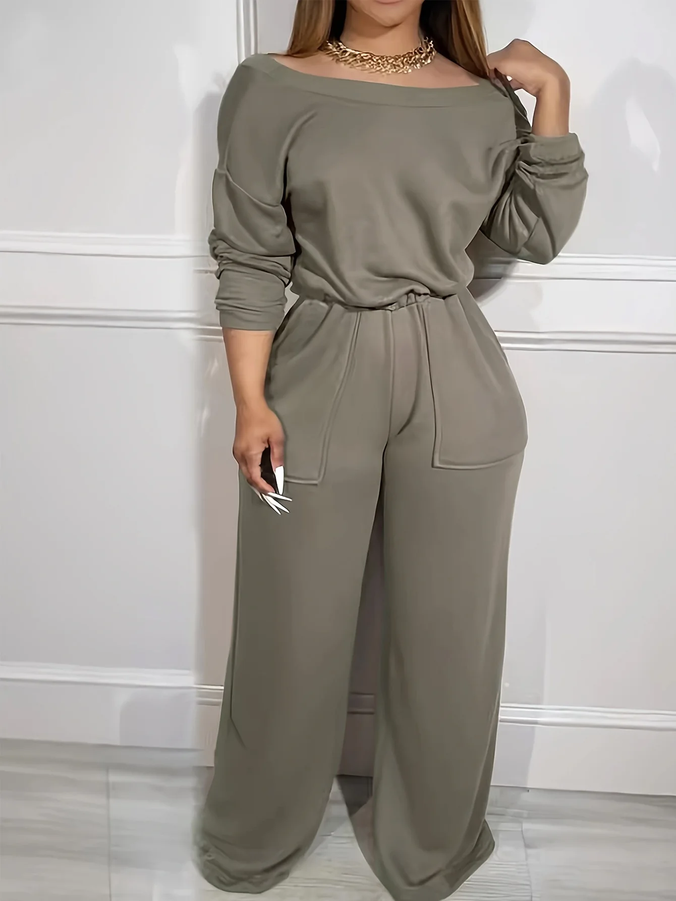 

Jumpsuit Women 2025 Spring New Off Shoulder Fashion Elastic Waist Backless Pocket Design Plain Casual Wide Leg Long Jumpsuit