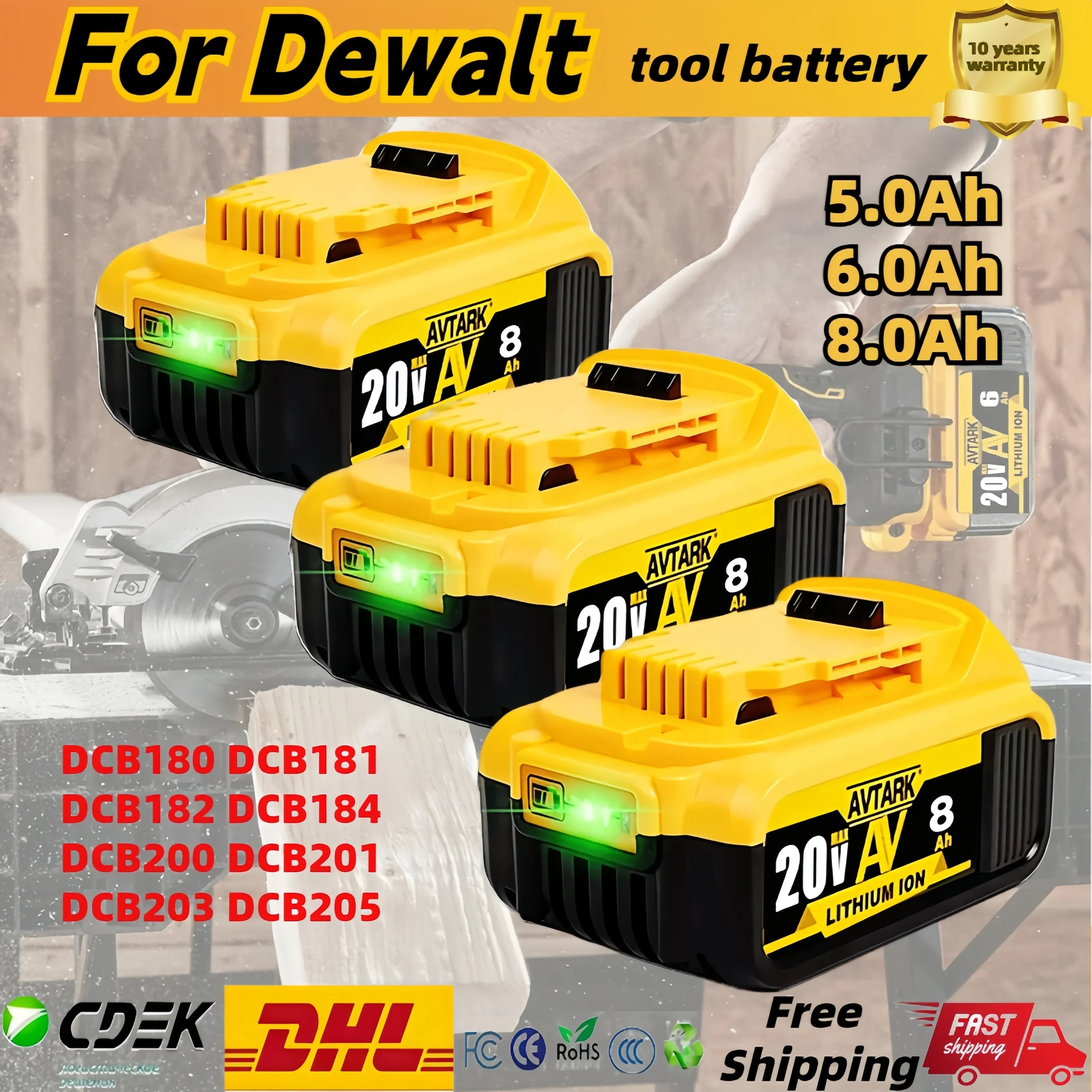 

For DeWalt Genuine 18V/20 Volt MAX 6.0Ah 8.0Ah DCB200 Replacement Li-ion Battery DCB205 DCB201 DCB203 Power Tool Batteries