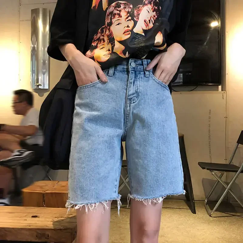 Vintage Knee Length Midi Summer Shorts For Women jeans Streetwear Loose Straight High Waist Denim Shorts Jeans Casual Hotpants