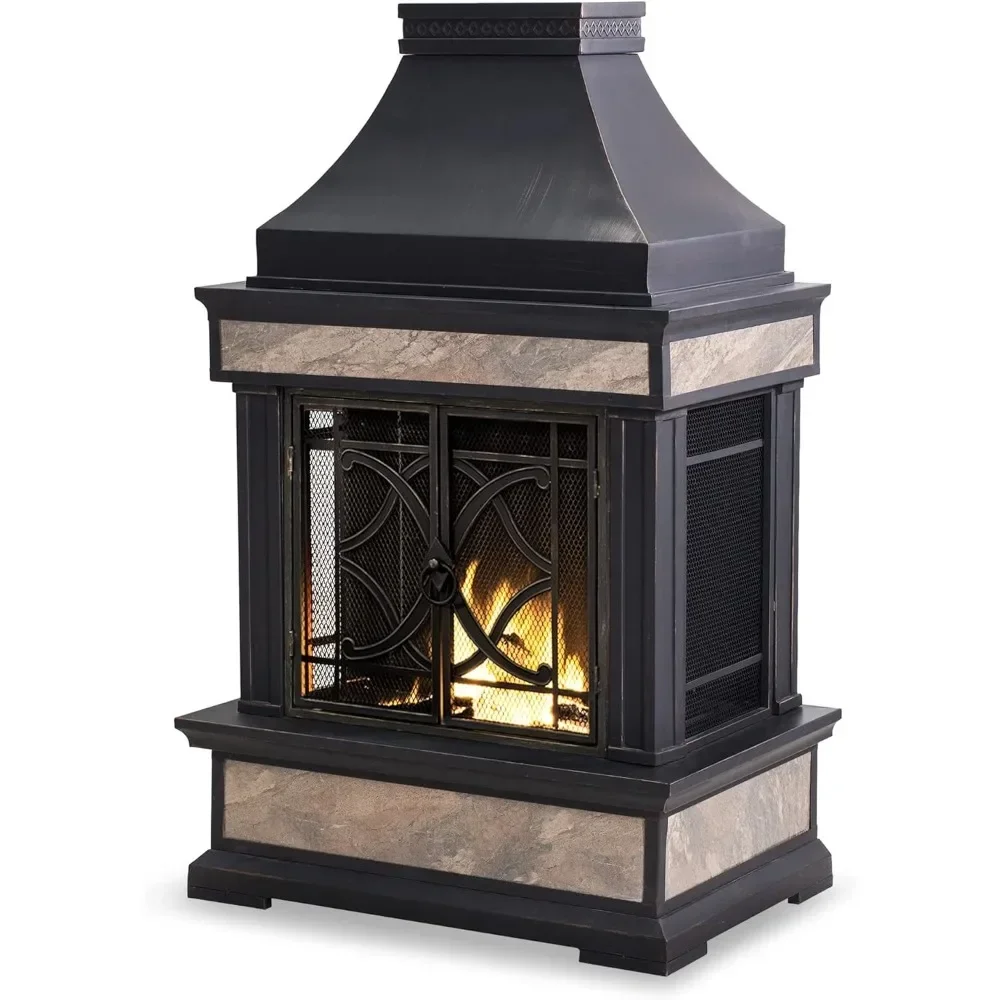 Outdoor Fireplace, Heirloom Patio Wood Burning Steel Fireplace with Chimney, Spark Screen, Fire Poker, and Removable Grate