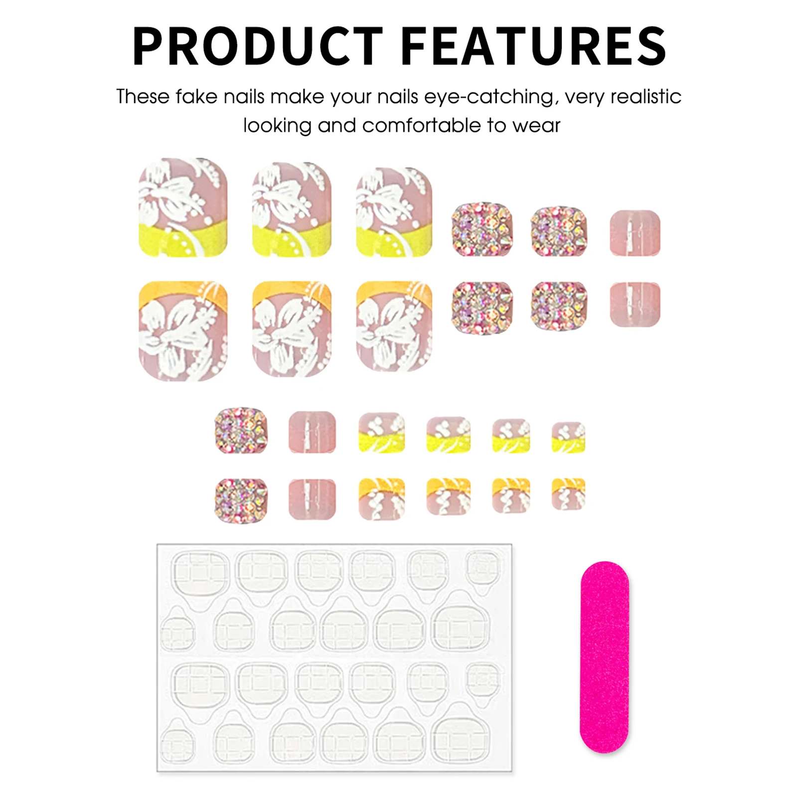 24 stuks zomer nep teennagels gele Franse tips druk op teennagels glanzende diamant decor bloem gedrukt draagbare valse nagel voor voet