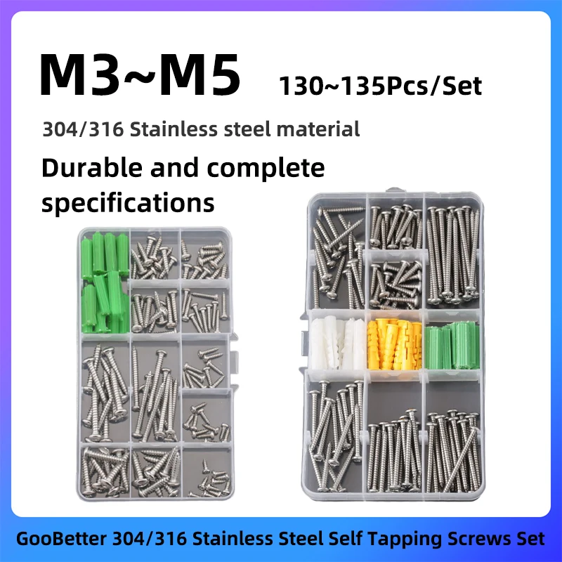 

130~135 Pcs Self Tapping Screws Set M3 M3.5 M4 M5 6~50mm 304/316 Stainless Steel Round Head Phillips Screws and Plugs