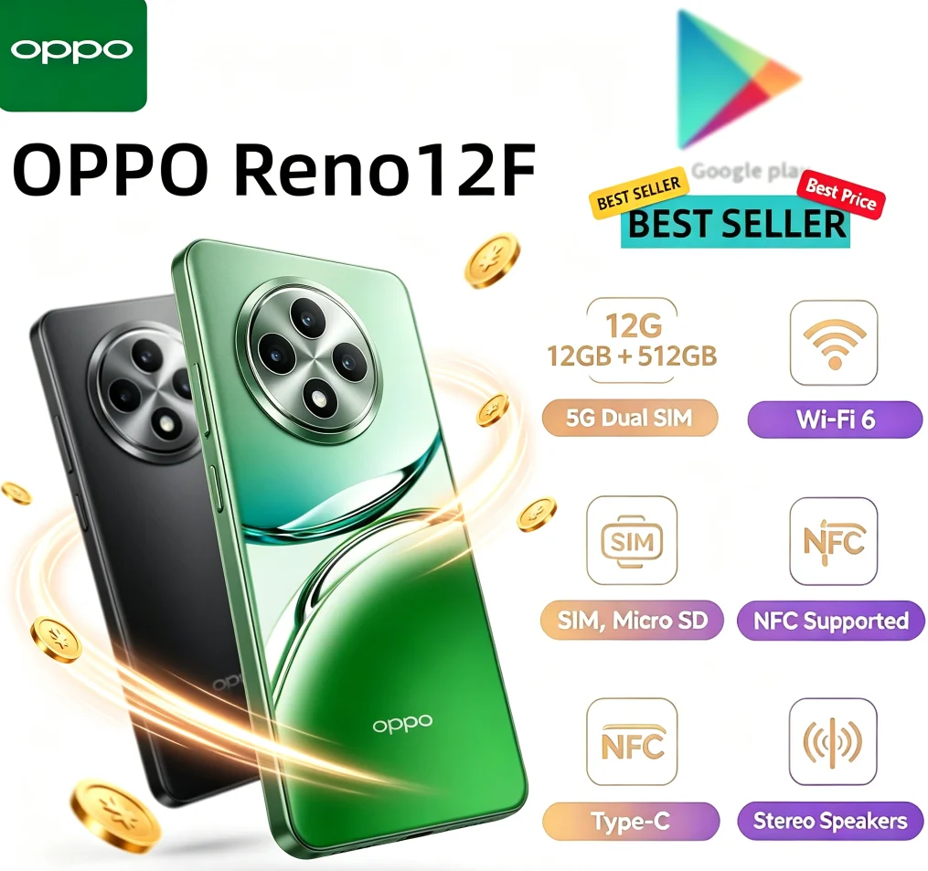 New Launch 2026 Global Unlocked OPPO Reno12F Smart Phone 12GB RAM 512GB Abundant Storage Fine‑Optimized Memory Smooth Operation