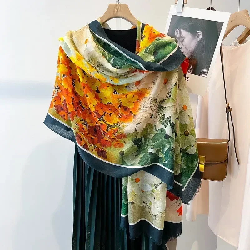 High-end Elegance Women Delicate Flower Blooming Print Quality Water Soluble Wool Handcrafted Fringe Soft Warm Long Scarf Shawl