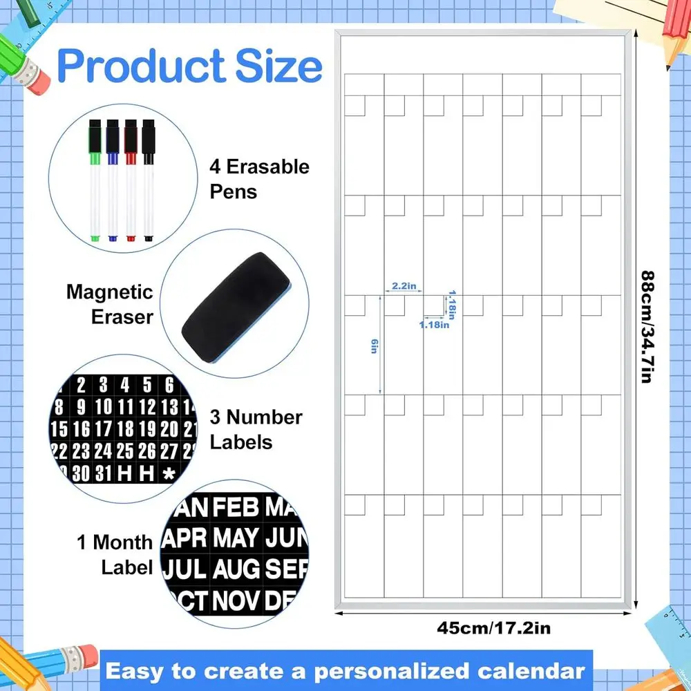 لوحة تقويم مغناطيسية للمسح الجاف مقاس 18 × 35 بوصة مع 3 ملصقات مغناطيسية و4 علامات وممحاة للمنزل والمدرسة والمكتب