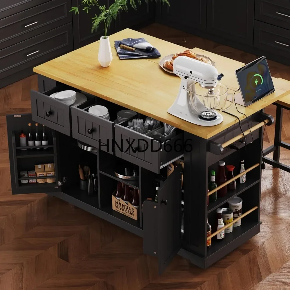 Kitchen Storage Island on Wheels with Drop Leaf   Power Outlet,Open Side Racks, 53-Inch, Kitchen Islands