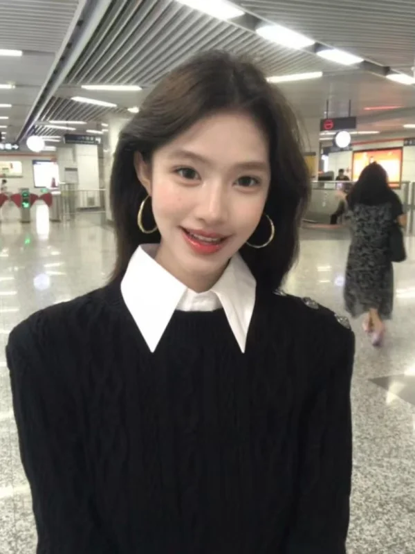 

Korean Sle irt Collar Sweater Women Early Spring Small Size Bla Lazy High-End Knitted ort Top Single Piece Loose Fit