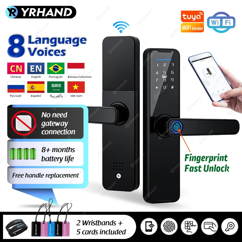 YRHAND K7 fechadura eletronico digital Biometric Black Smart Lock Tuya App Remote Unlocking wifi Lock Electronic Smart Door Lock