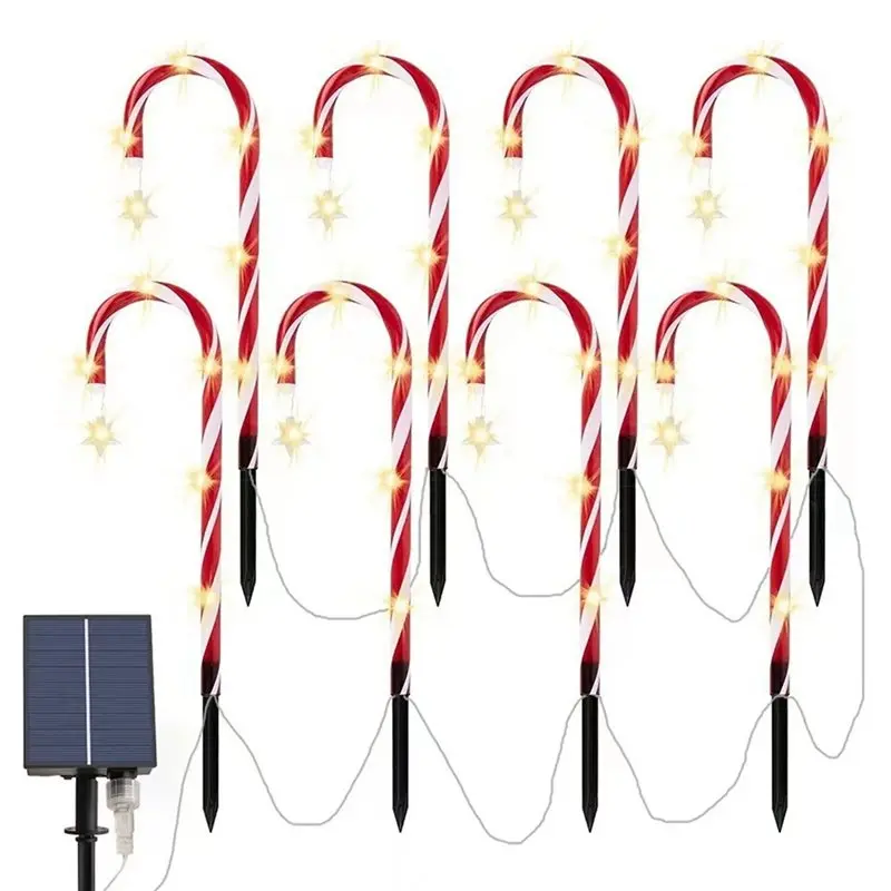 M11K-2X Christmas Candy Cane Pathway Lights Solar Powered Stake Lights 1 To 8 LED Stake Lights Floor Lamp