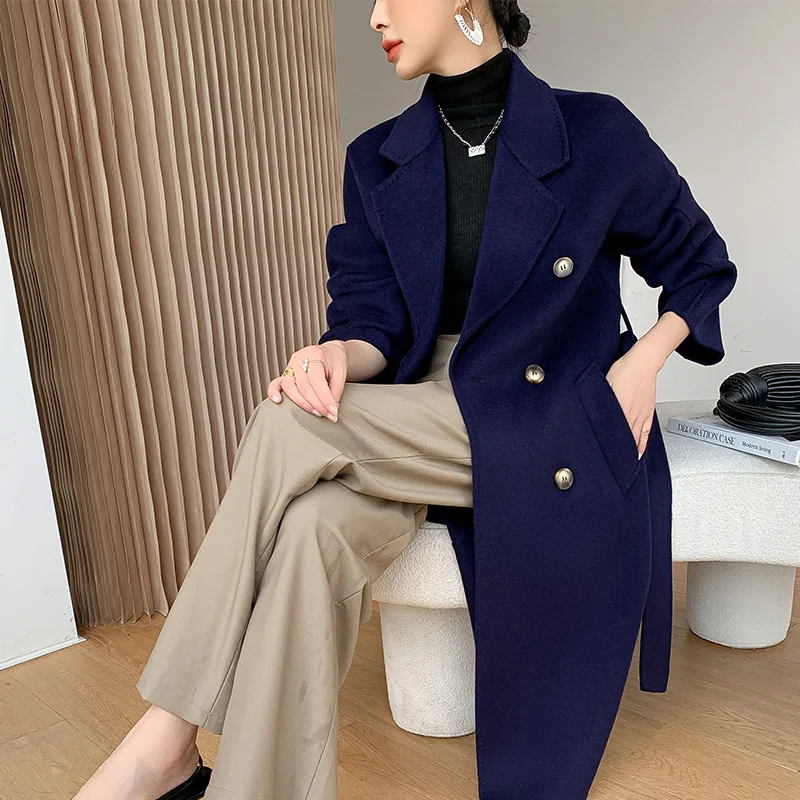 Women's High Quality Double Sided 100% Wool Long Double Breasted Elegant Loose Cashmere Winter Jacket
