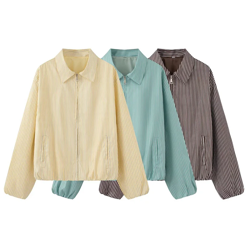 Guobioziy 2026 Women's Jacket Fall New Arrival Striped Long-Sleeve Simple Loose Jacket Parka Casual Fashion Unique