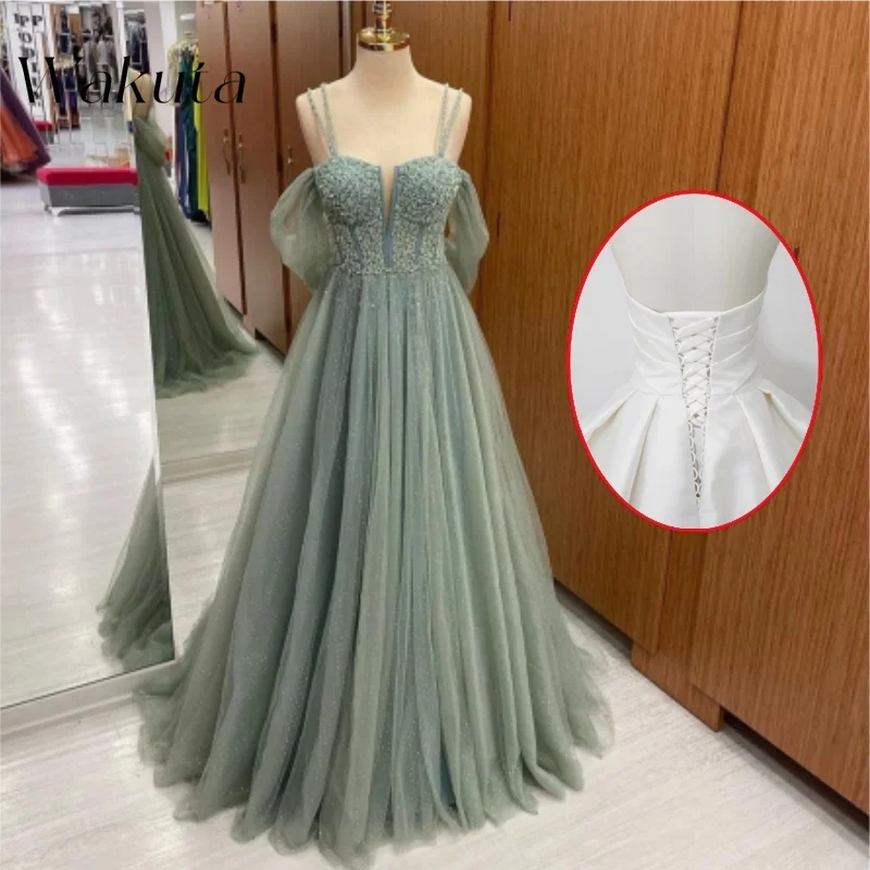 Wakuta Stand Out Wunderschöne Mint Glitter A-Linie Prom Vestidos Funkelnde Spaghettiträger Kristallkleider für Frauen Luxus Designer