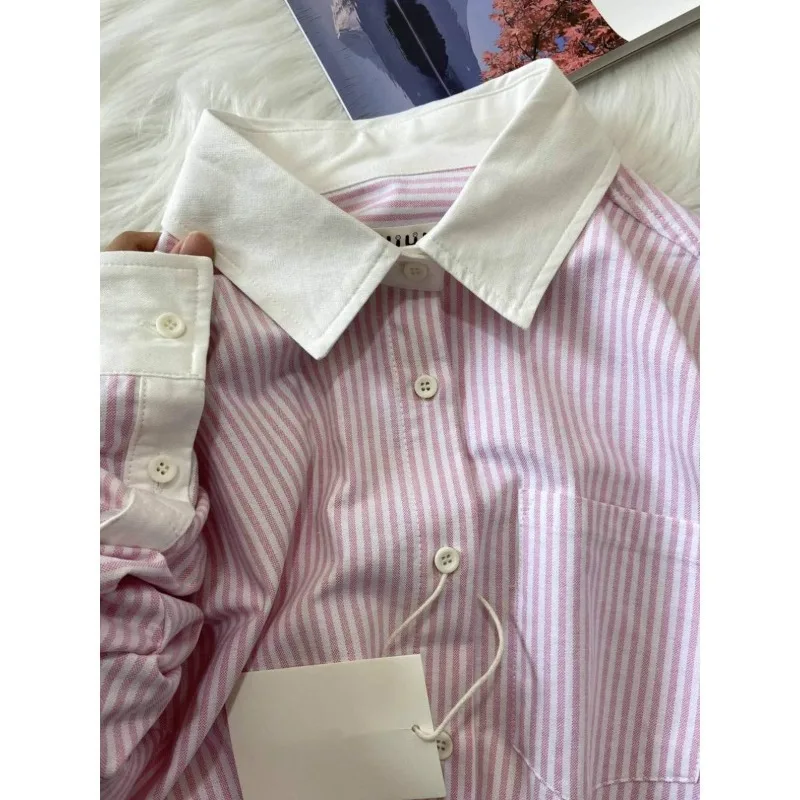 

French Pink Striped Women's Shirt- Perfect for Autumn Fashion Collection