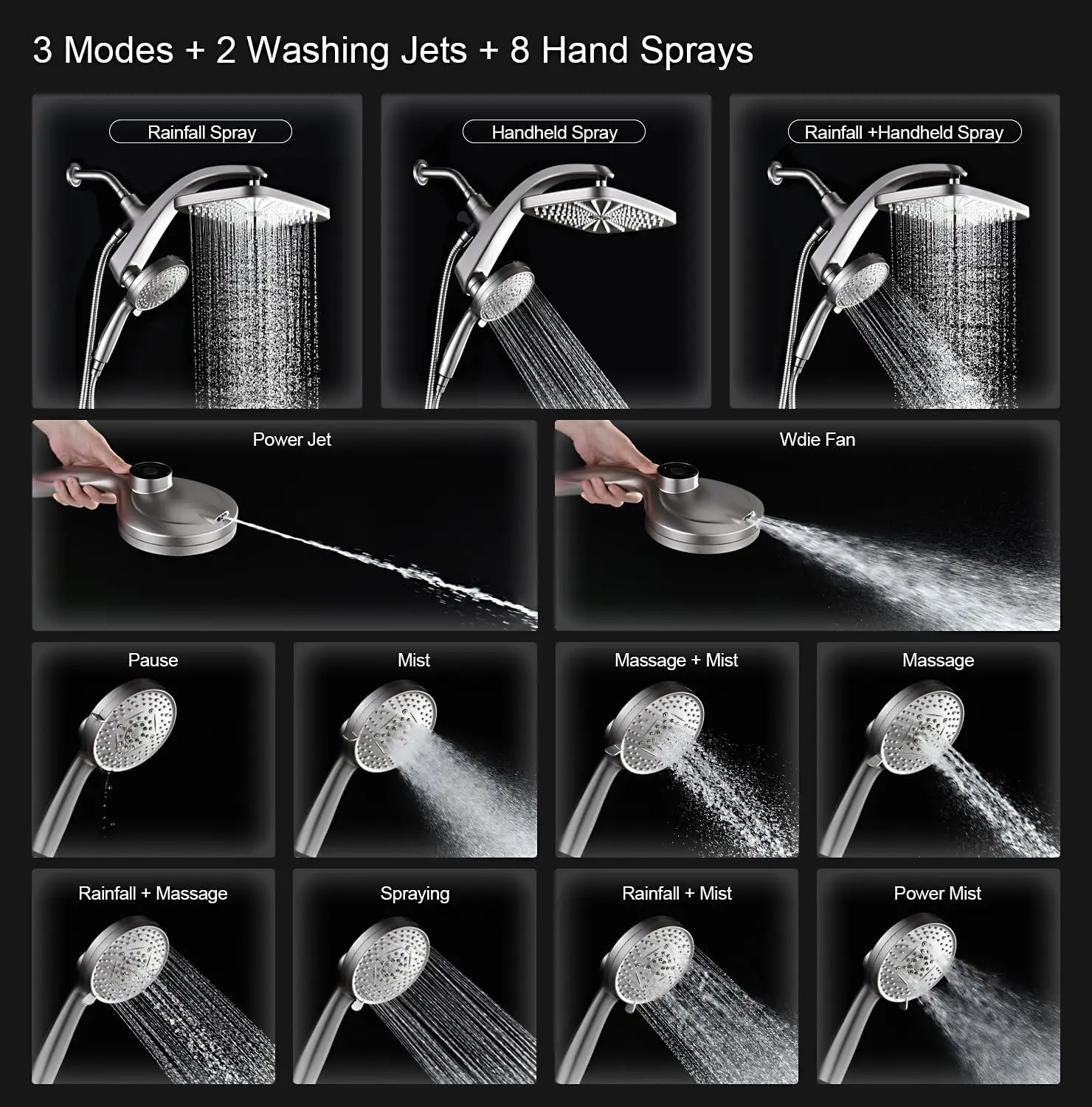 High Pressure Rain Shower Head with Handheld Spray Combo, Magnetic Docking and Power Jets