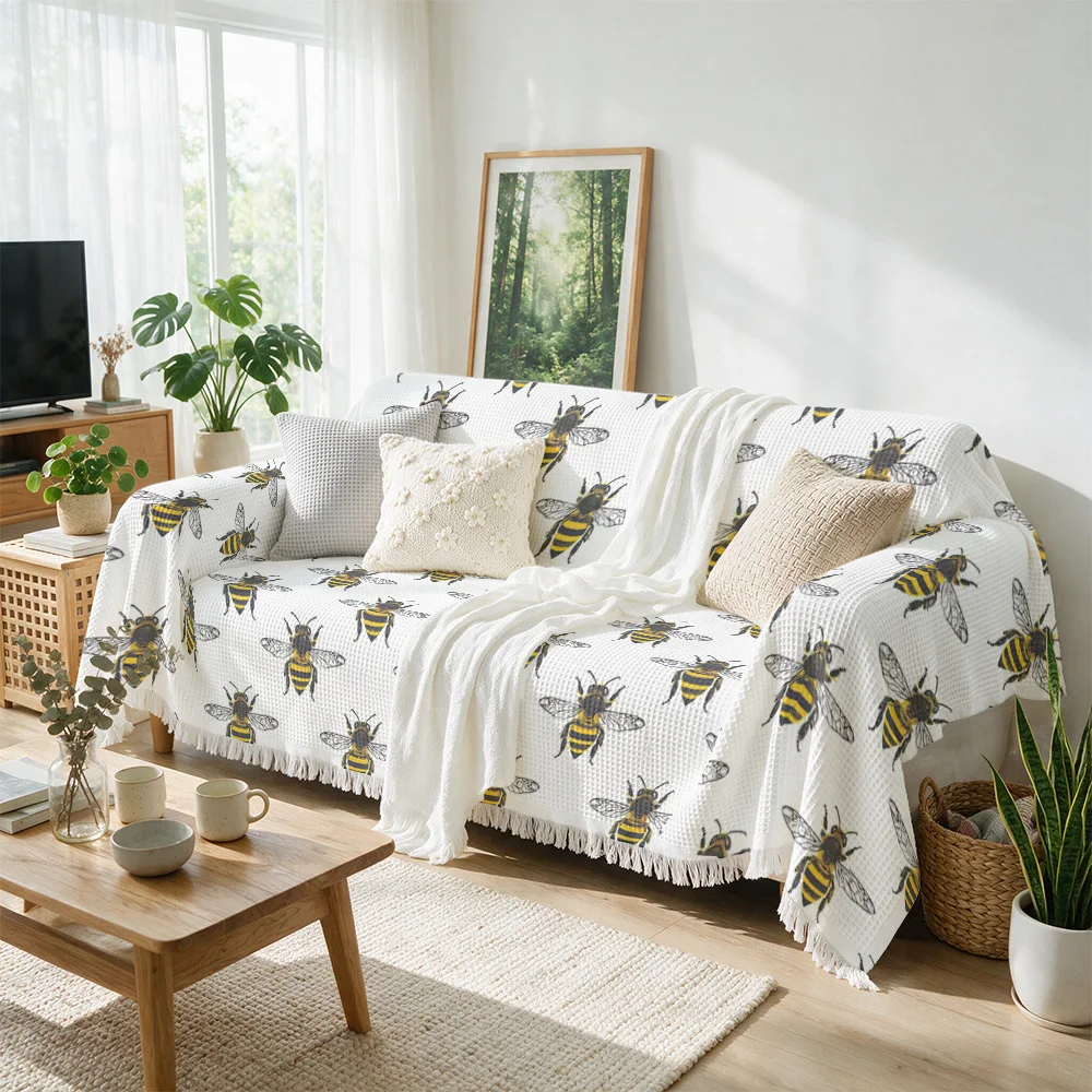 Decorative Bee Print Throw Blanket Sofa Throw Cover for Living Room Couch Decor Cozy Boho Home Accessories Spring Gift