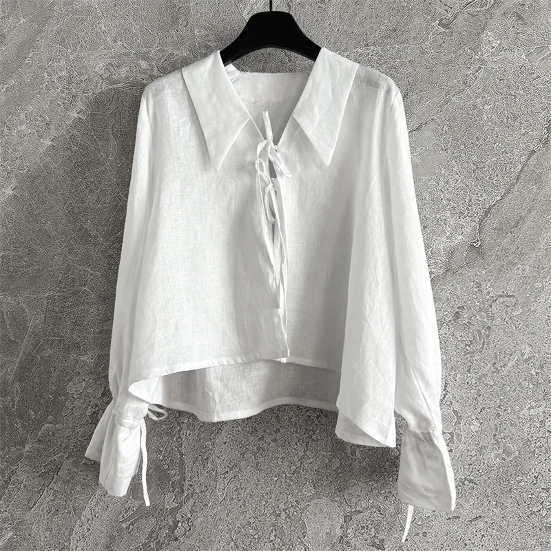 

Women's shirt New lace up slim fit lapel long sleeved top for summer 2025 High quality linen blend Women's blouse y2k Thin coat