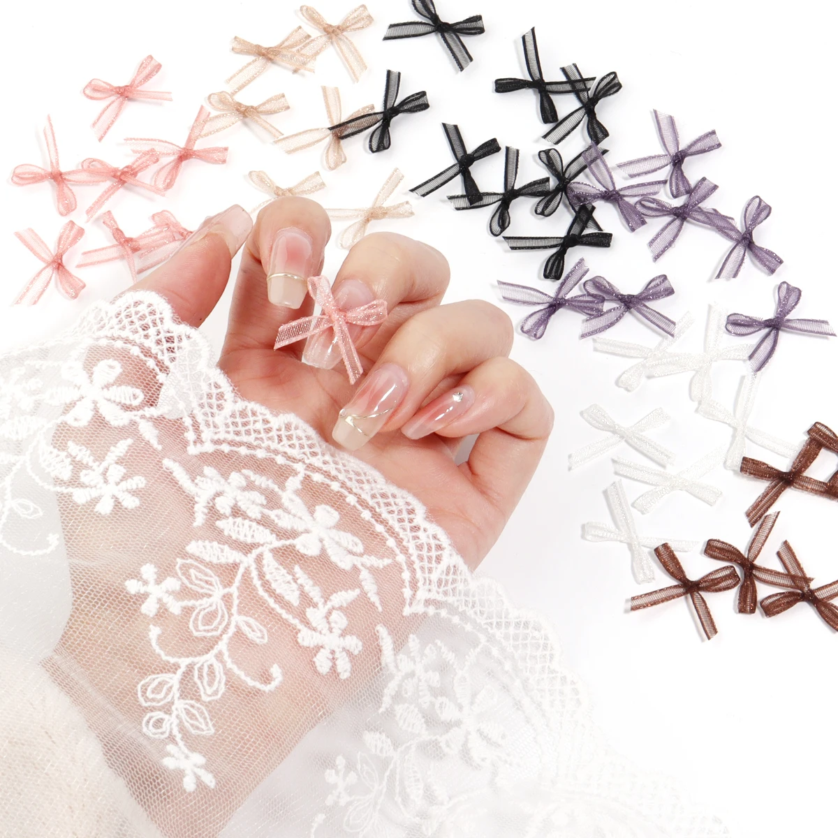 30 sztuk/partia Organza Mini kokardki kolor śliczne Nail Art koronkowe kokardki urok dla rzemiosła Handwork DIY Manicure materiał dekoracyjny