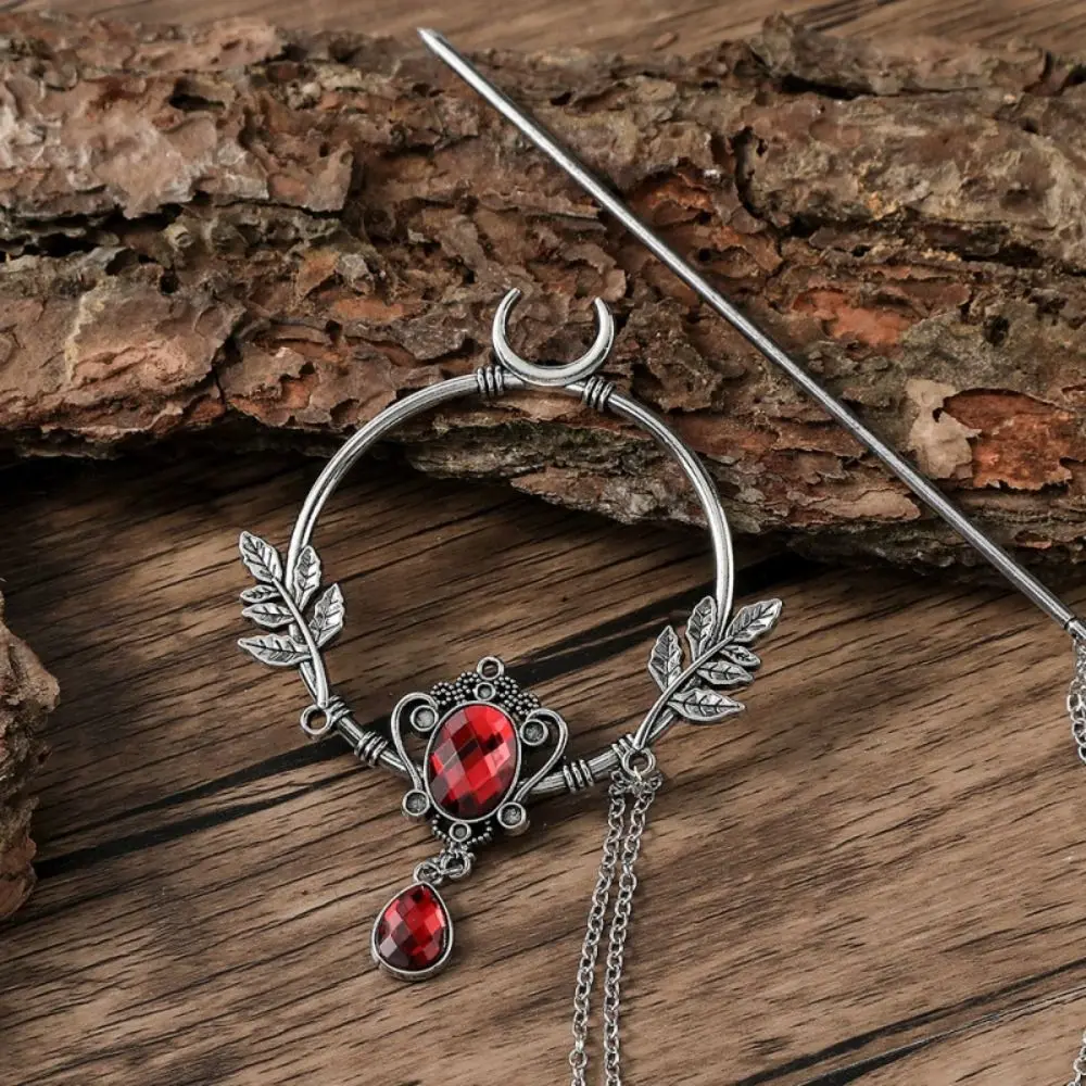 Alloy Crystal Hairpin Waterdrop Rhinestone Inlaid Witch Hair Stick Crescent Leaf Amethyst Tassels Fairy Hairclip For Women Girls