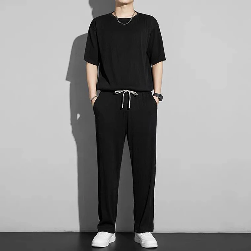 New Ice Silk Sports Set Men's Summer Thin Tracksuit Men 2024 Casual Long Pants Short Sleeve T-shirt Quick Drying Clothes Sets