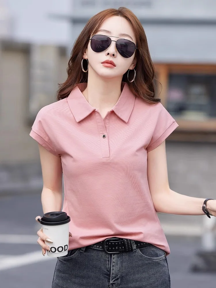 New Women Summer Sweet Cotton T-shirt Fashion Polo Collar Short Sleeve Loose T-shirt Casual Simplicity Basic T-shirt