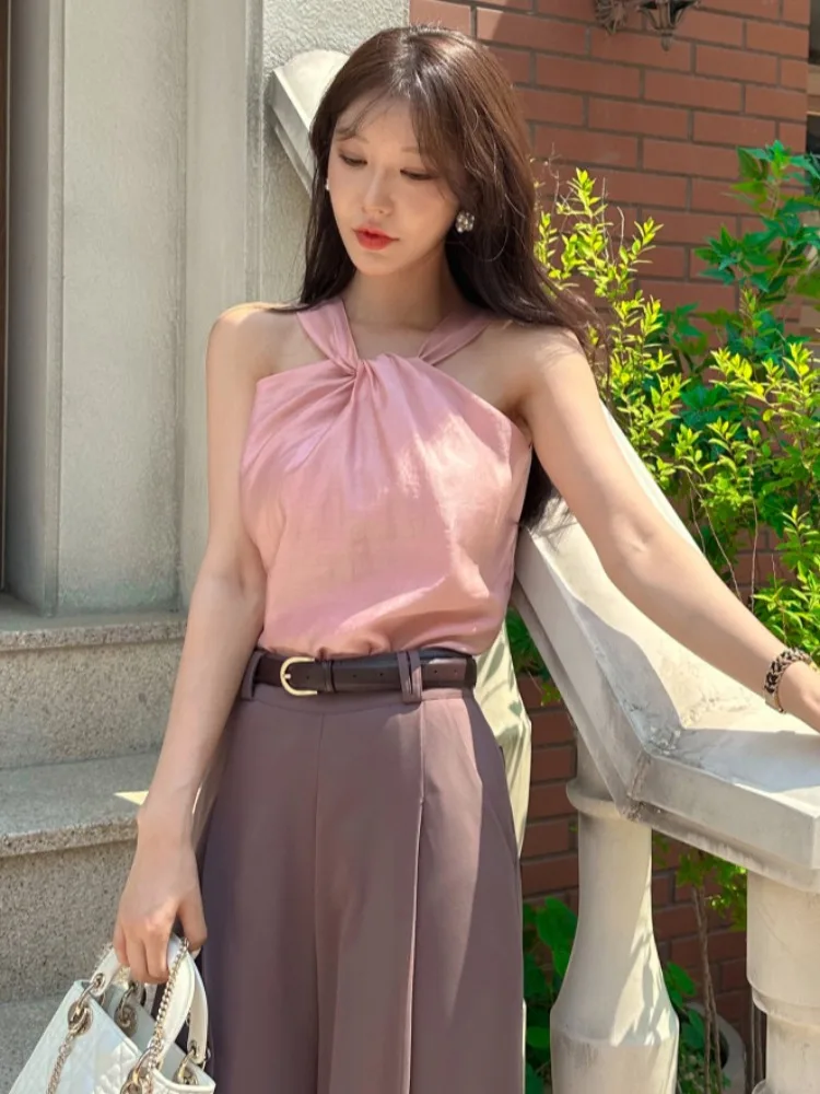 

Summer Vaion Sle Knot Ne oulder Bared Women's Tank Top Slimming Trendy Top Pure Color Thin ort Loose Fit Polyester