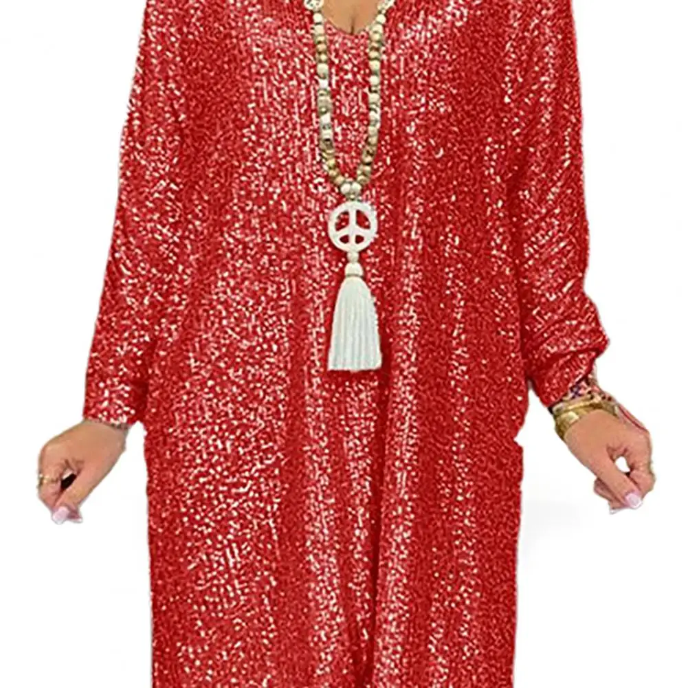 فستان نسائي أنيق لامع موديل 2025 برقبة على شكل حرف v وأكمام طويلة فستان خريفي بحاشية عالية ومنخفضة ترتر مقاس كبير فستان نسائي غير رسمي