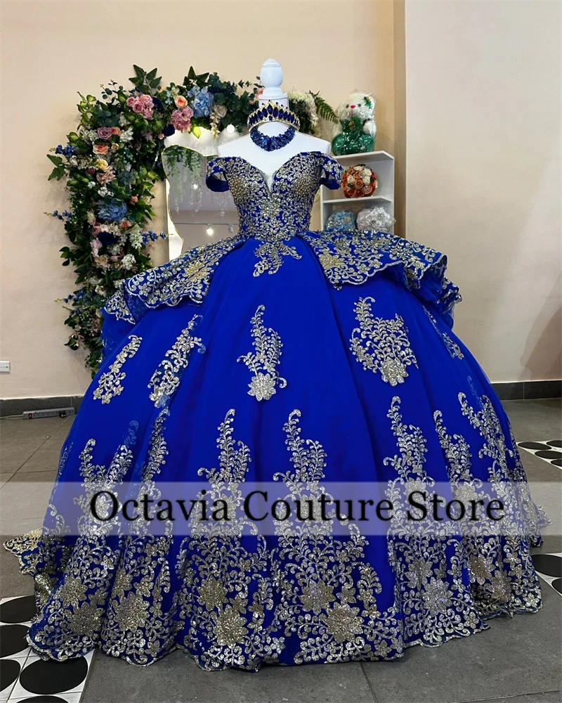 

Royal Blue Off The Shoulder Quinceanera Dress Ball Gown Bead Appliques 2024 Birthday Luxury Dress Sequin Princess Gown Sweet 15