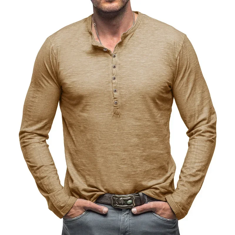 

2024 Men's Button Solid Color Long Sleeve Men's T-shirt Outdoor Europe and America Men's Henry Shirt Bamboo Cotton Top