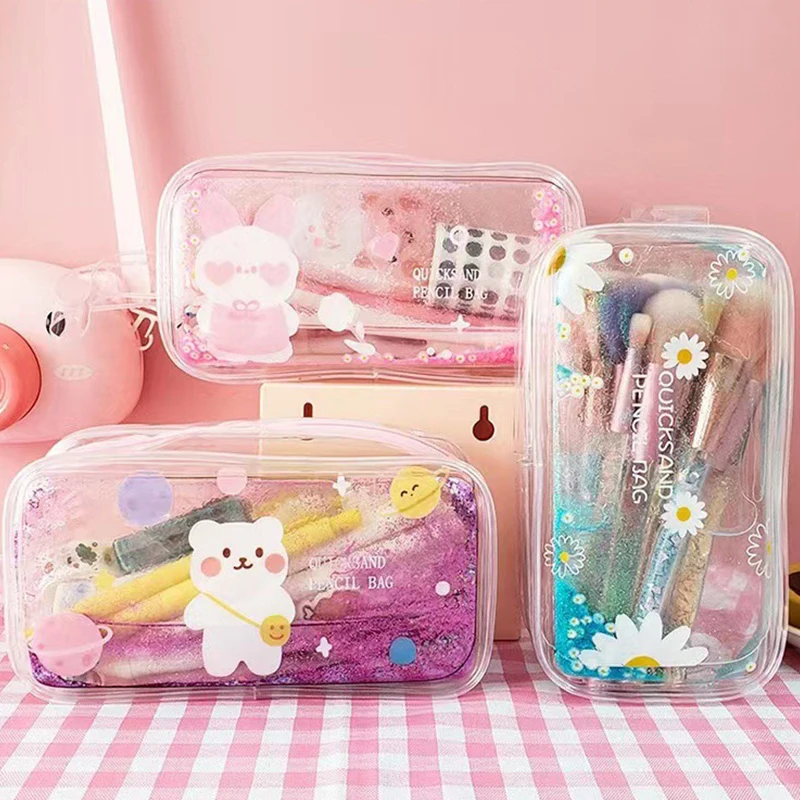 Cute Transparent Quicksand Pencil Bag Cartoon Bear Rabbit Stationery Bag Large Capacity Cosmetic Bag School Office Supplies