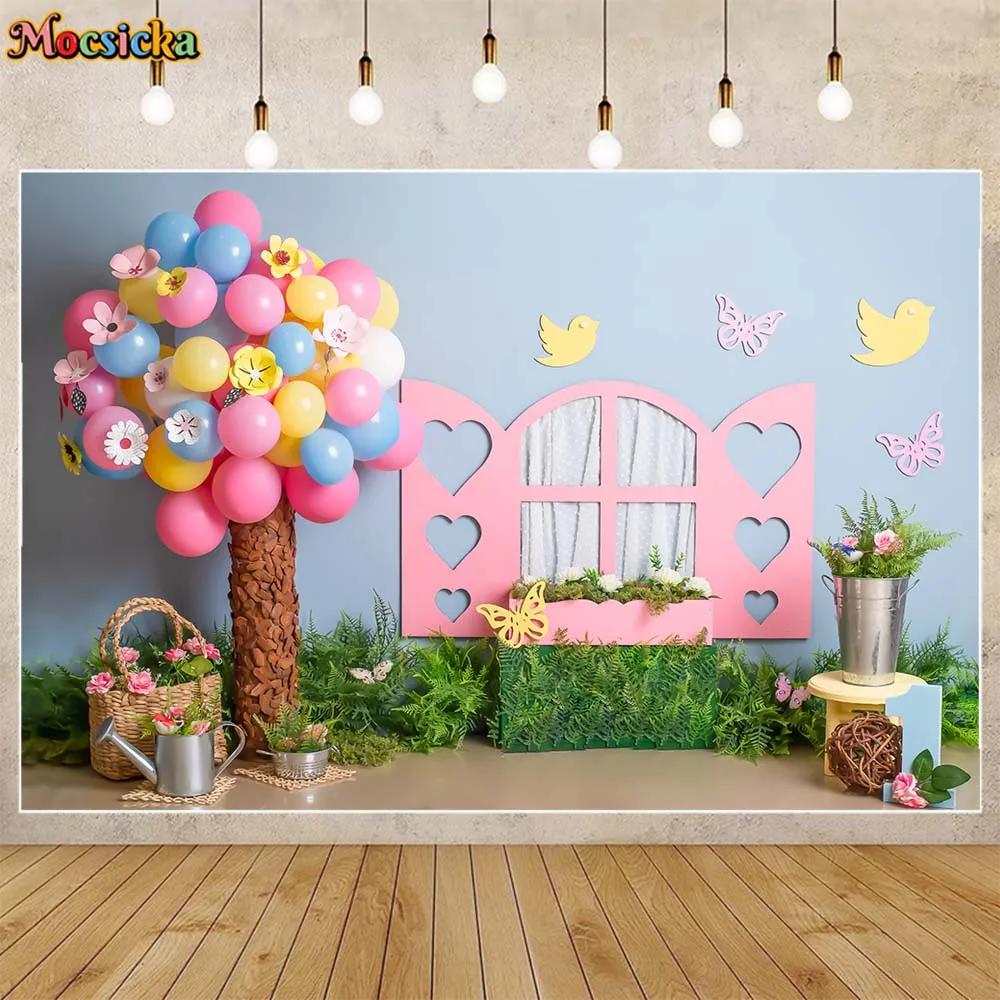 

Mocsicka Photography Background Spring Flowers Grass Bird Balloon Baby Kids Girl Portrait Photo Backdrops Studio Photocall Props