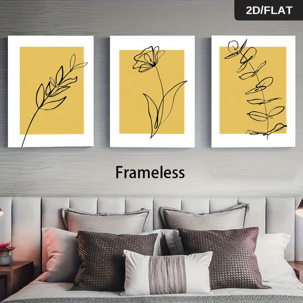 1 set of three-panel decorative paintings, abstract line drawings of plants and flowers, frameless 2D flat design.
